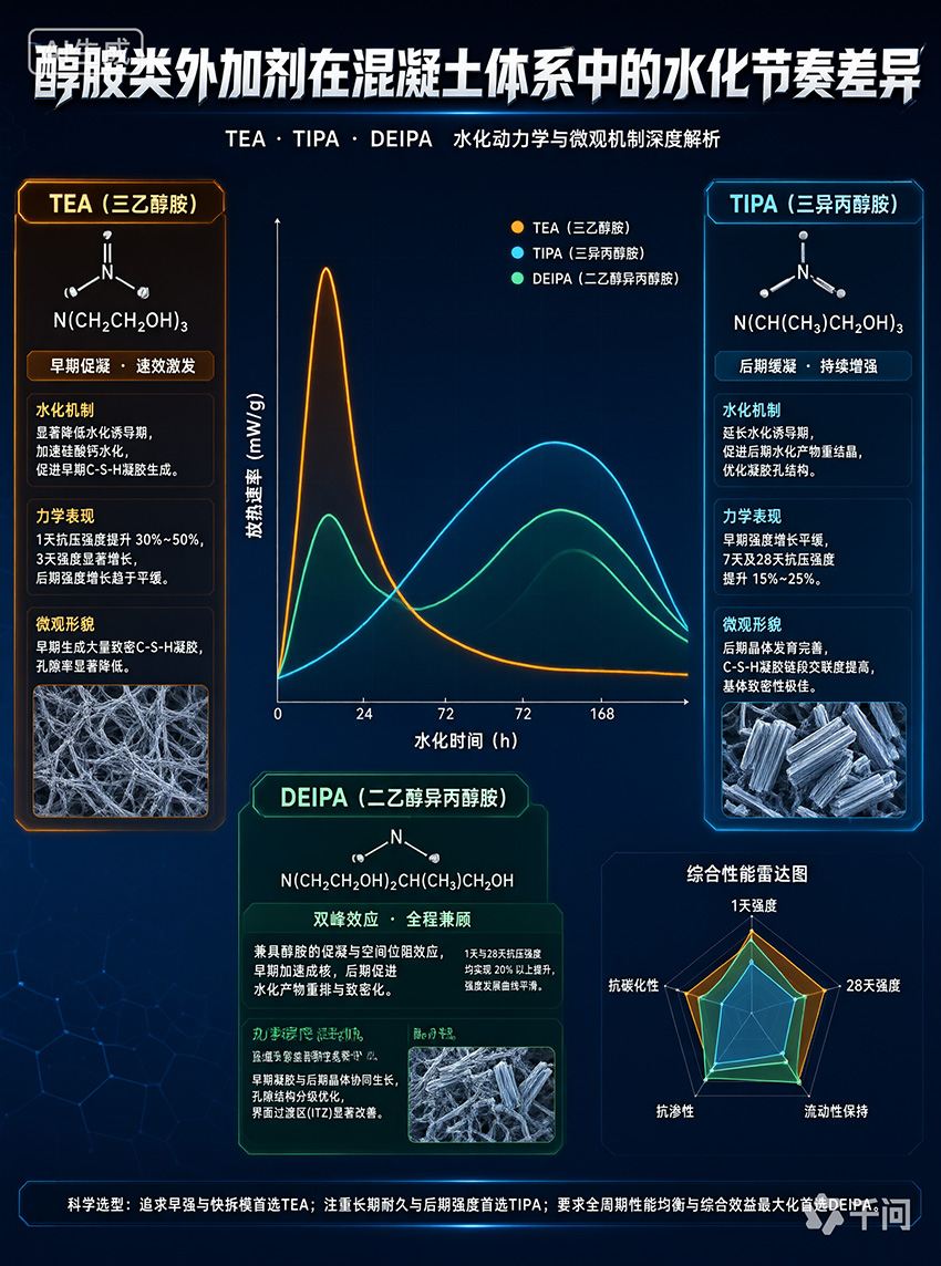 TEA、TIPA、DEIPA 在混凝土体系中的水化节奏差异